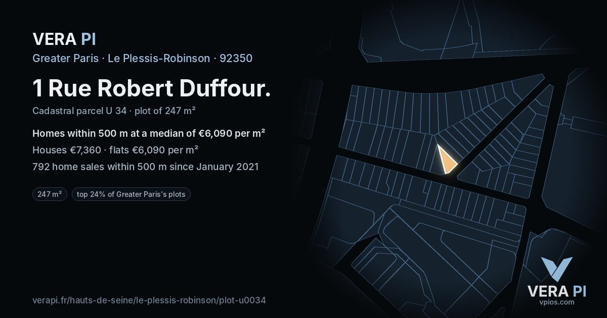 1 Rue Robert Duffour, Le Plessis-Robinson at night – the plot lit, the parcels around coloured by the prices near them