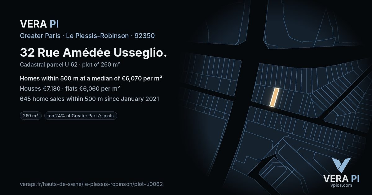 32 Rue Amédée Usseglio, Le Plessis-Robinson at night – the plot lit, the parcels around coloured by the prices near them