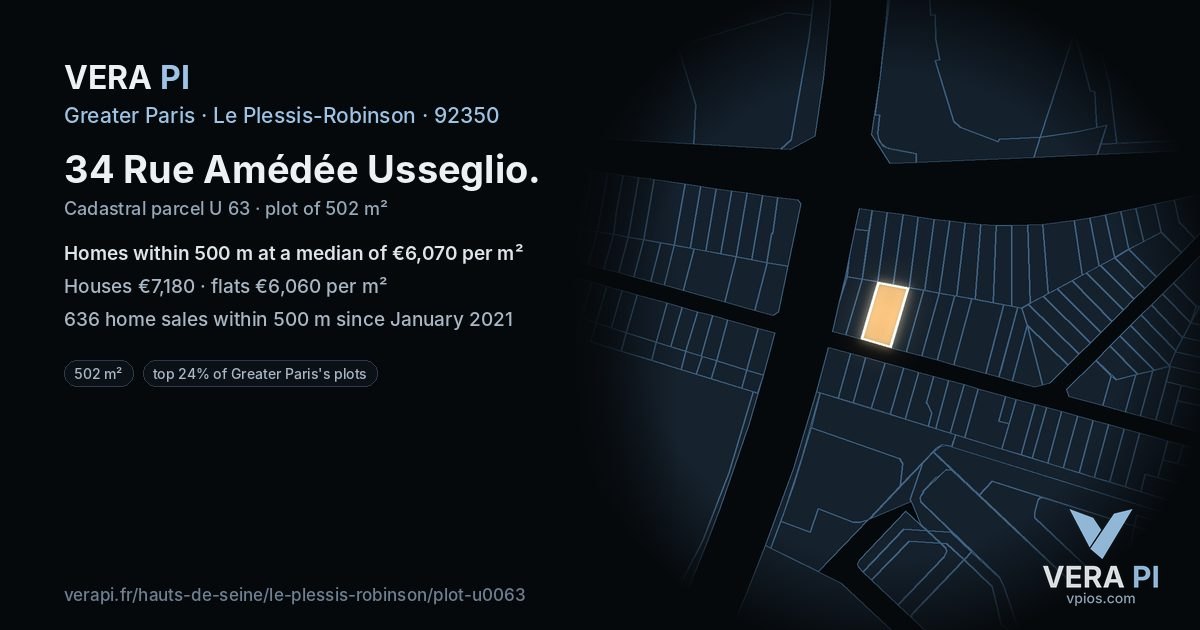 34 Rue Amédée Usseglio, Le Plessis-Robinson at night – the plot lit, the parcels around coloured by the prices near them