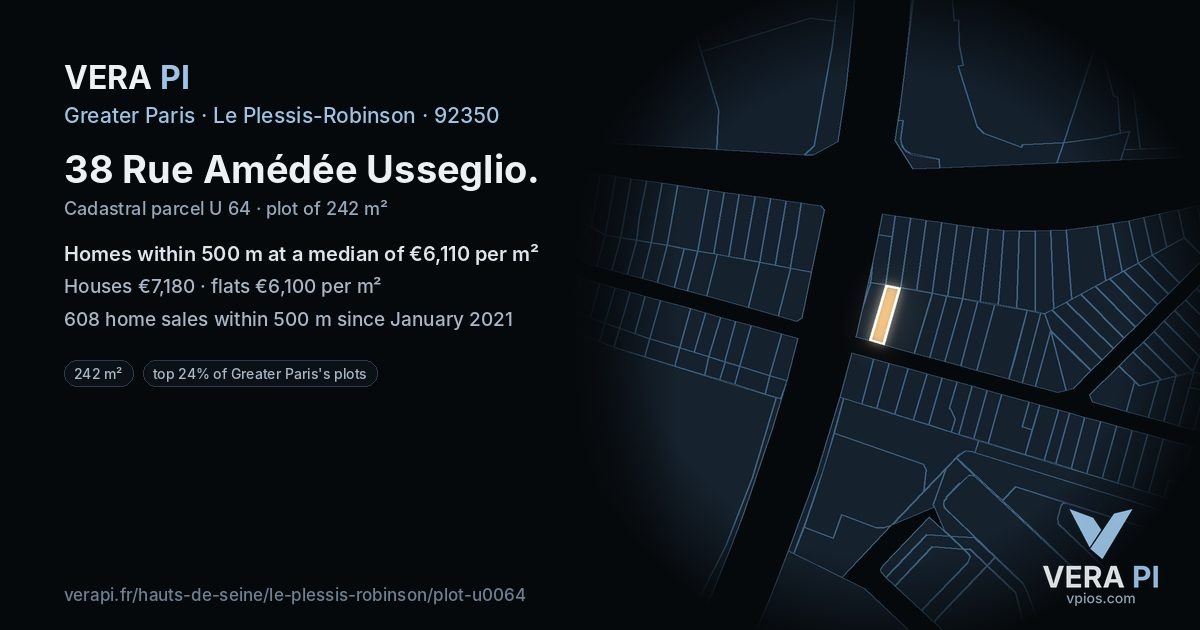 38 Rue Amédée Usseglio, Le Plessis-Robinson at night – the plot lit, the parcels around coloured by the prices near them