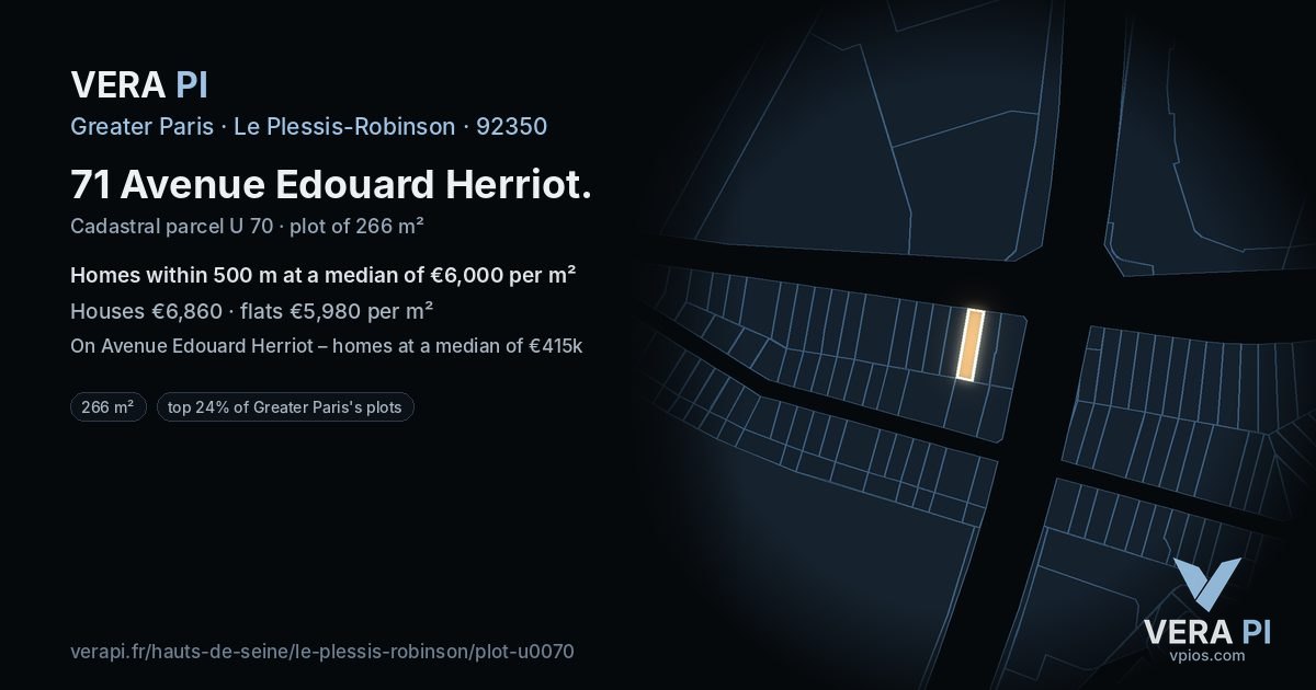 71 Avenue Edouard Herriot, Le Plessis-Robinson at night – the plot lit, the parcels around coloured by the prices near them