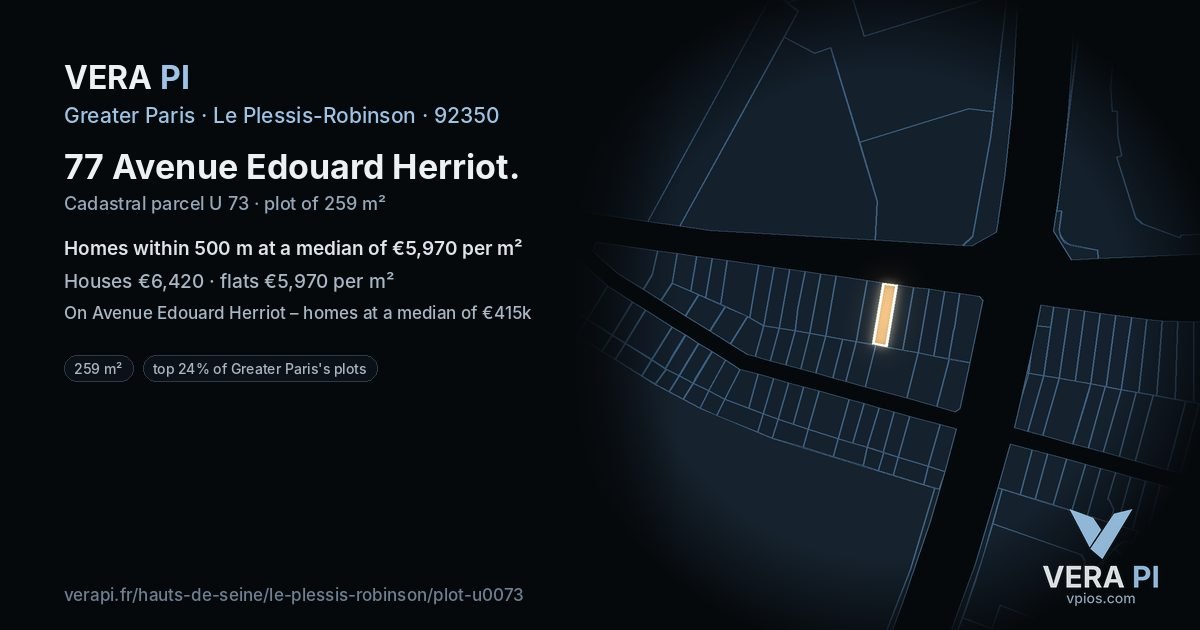 77 Avenue Edouard Herriot, Le Plessis-Robinson at night – the plot lit, the parcels around coloured by the prices near them