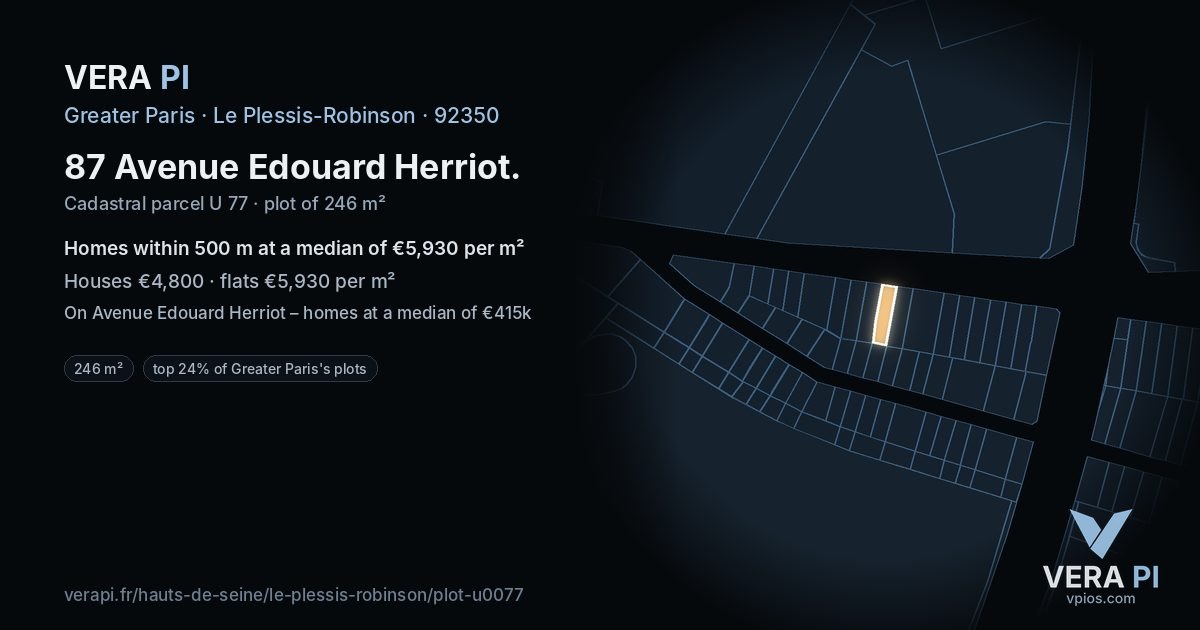 87 Avenue Edouard Herriot, Le Plessis-Robinson at night – the plot lit, the parcels around coloured by the prices near them