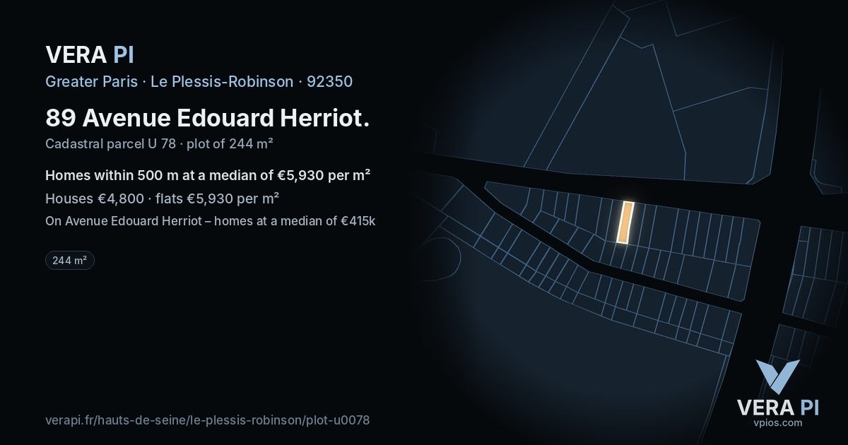 89 Avenue Edouard Herriot, Le Plessis-Robinson at night – the plot lit, the parcels around coloured by the prices near them