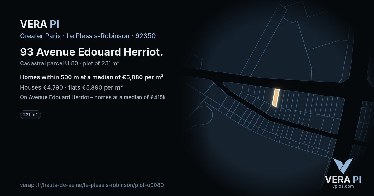 93 Avenue Edouard Herriot, Le Plessis-Robinson at night – the plot lit, the parcels around coloured by the prices near them