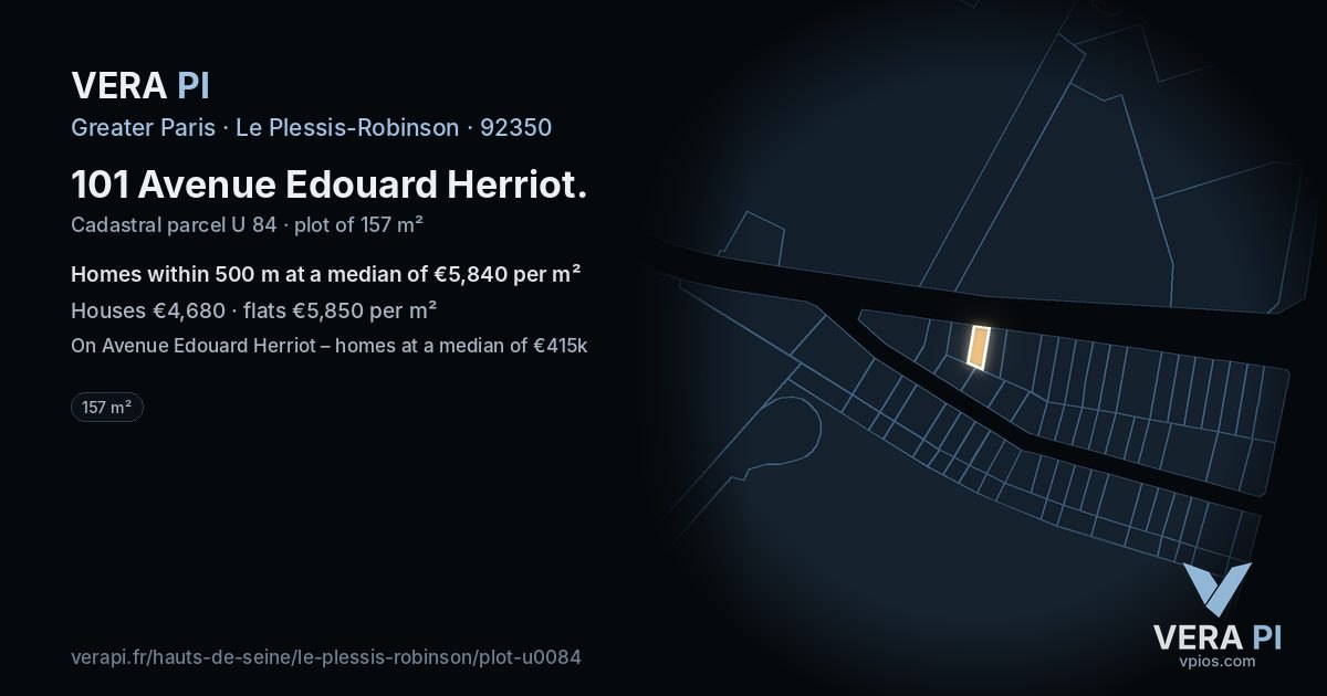 101 Avenue Edouard Herriot, Le Plessis-Robinson at night – the plot lit, the parcels around coloured by the prices near them
