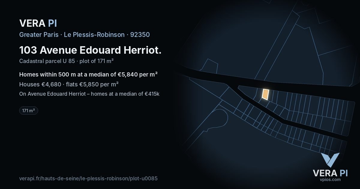103 Avenue Edouard Herriot, Le Plessis-Robinson at night – the plot lit, the parcels around coloured by the prices near them