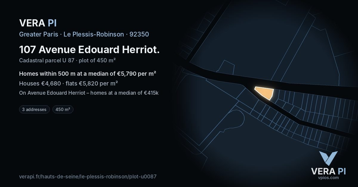 107 Avenue Edouard Herriot, Le Plessis-Robinson at night – the plot lit, the parcels around coloured by the prices near them