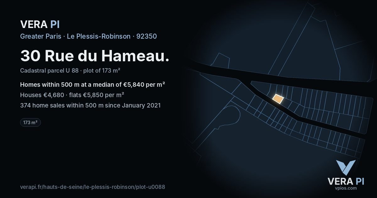 30 Rue du Hameau, Le Plessis-Robinson at night – the plot lit, the parcels around coloured by the prices near them