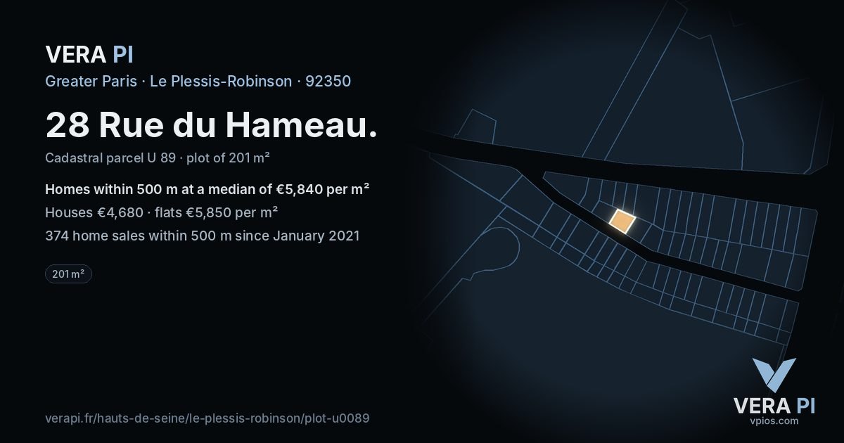 28 Rue du Hameau, Le Plessis-Robinson at night – the plot lit, the parcels around coloured by the prices near them