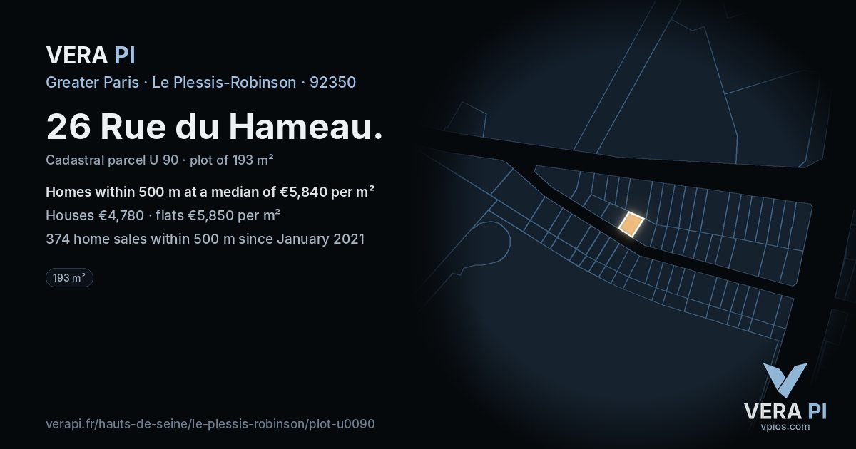 26 Rue du Hameau, Le Plessis-Robinson at night – the plot lit, the parcels around coloured by the prices near them