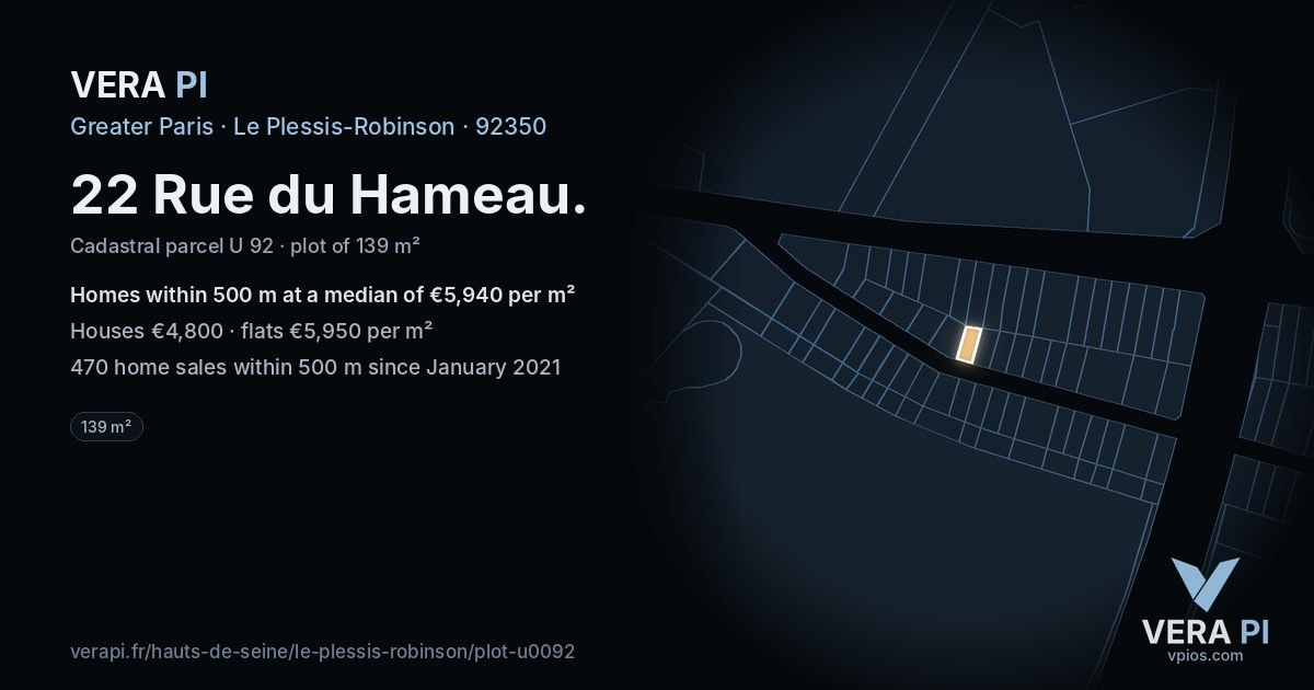 22 Rue du Hameau, Le Plessis-Robinson at night – the plot lit, the parcels around coloured by the prices near them