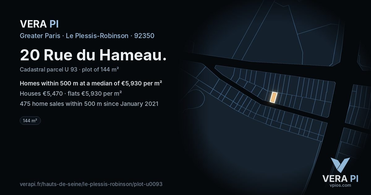 20 Rue du Hameau, Le Plessis-Robinson at night – the plot lit, the parcels around coloured by the prices near them