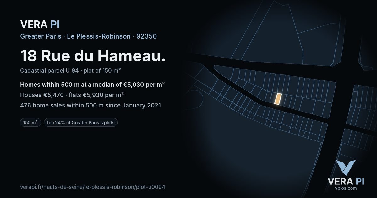 18 Rue du Hameau, Le Plessis-Robinson at night – the plot lit, the parcels around coloured by the prices near them