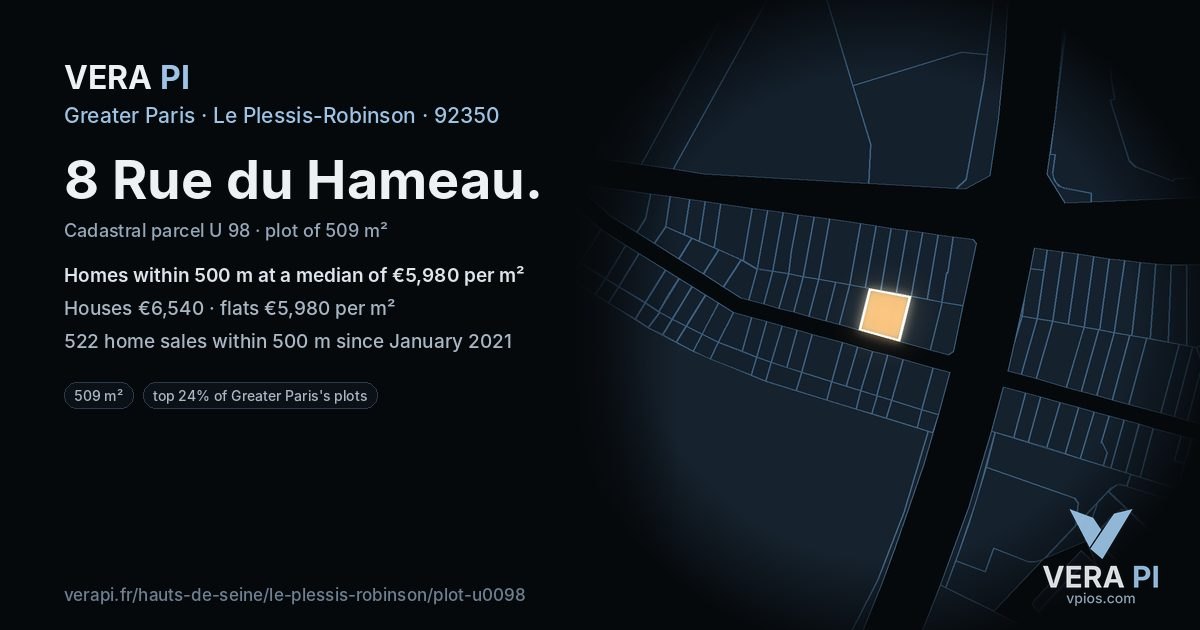 8 Rue du Hameau, Le Plessis-Robinson at night – the plot lit, the parcels around coloured by the prices near them