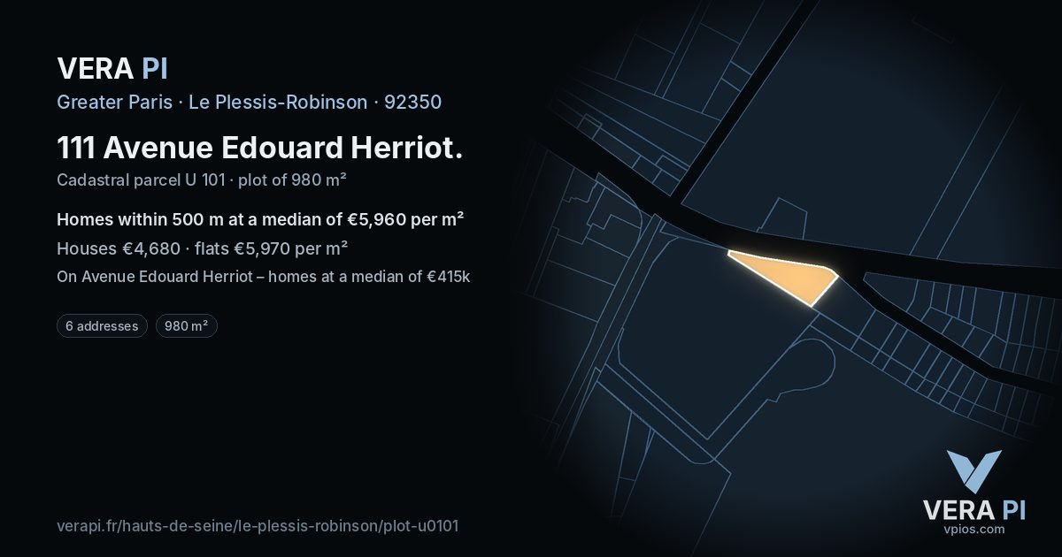 111 Avenue Edouard Herriot, Le Plessis-Robinson at night – the plot lit, the parcels around coloured by the prices near them