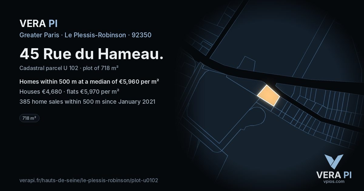 45 Rue du Hameau, Le Plessis-Robinson at night – the plot lit, the parcels around coloured by the prices near them