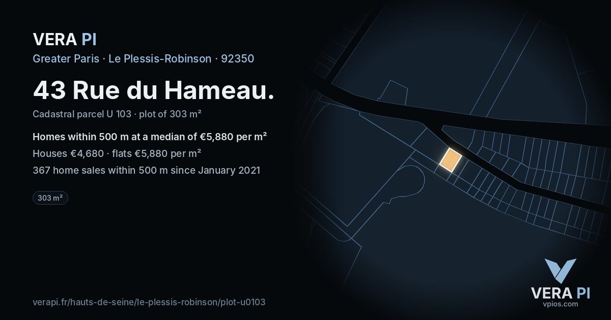 43 Rue du Hameau, Le Plessis-Robinson at night – the plot lit, the parcels around coloured by the prices near them