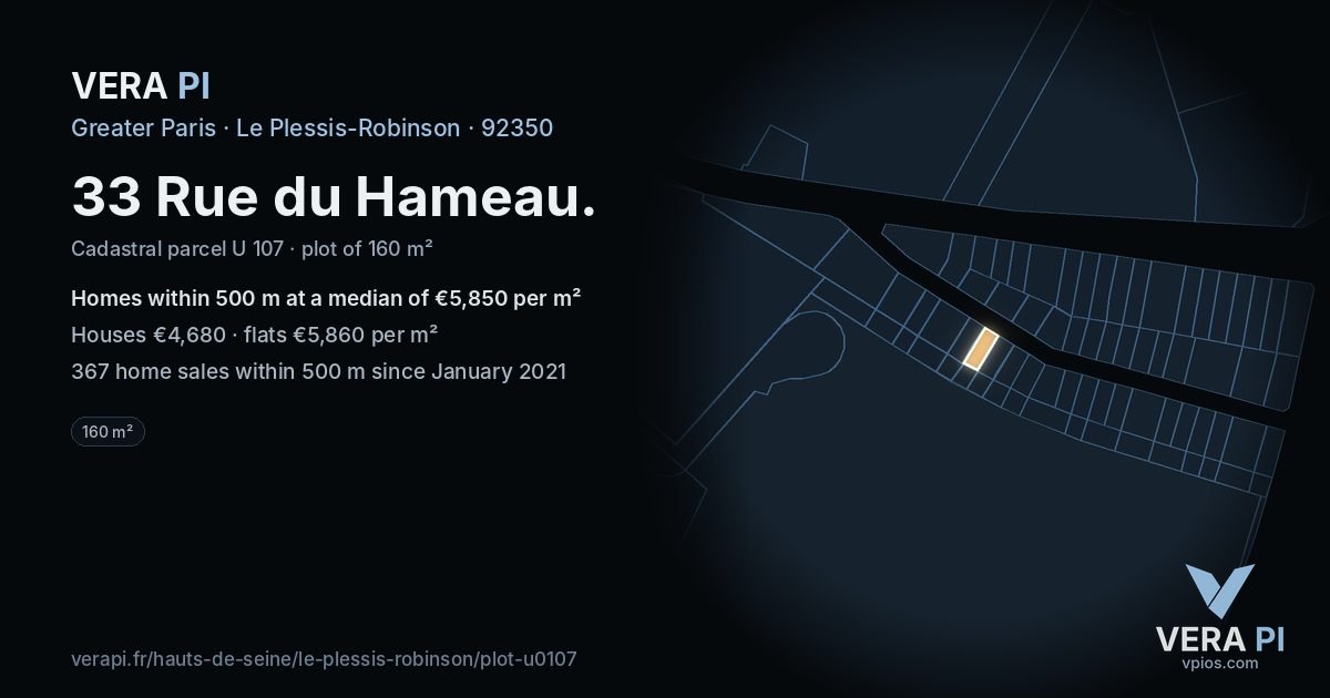 33 Rue du Hameau, Le Plessis-Robinson at night – the plot lit, the parcels around coloured by the prices near them
