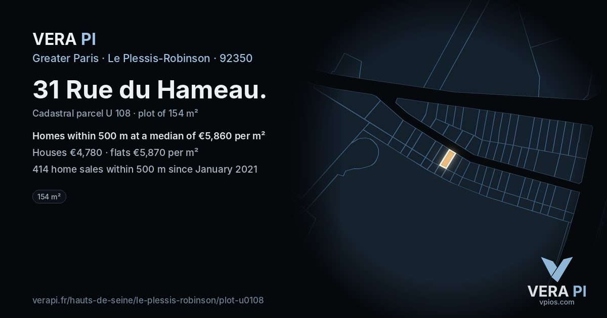 31 Rue du Hameau, Le Plessis-Robinson at night – the plot lit, the parcels around coloured by the prices near them