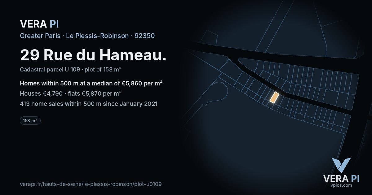 29 Rue du Hameau, Le Plessis-Robinson at night – the plot lit, the parcels around coloured by the prices near them