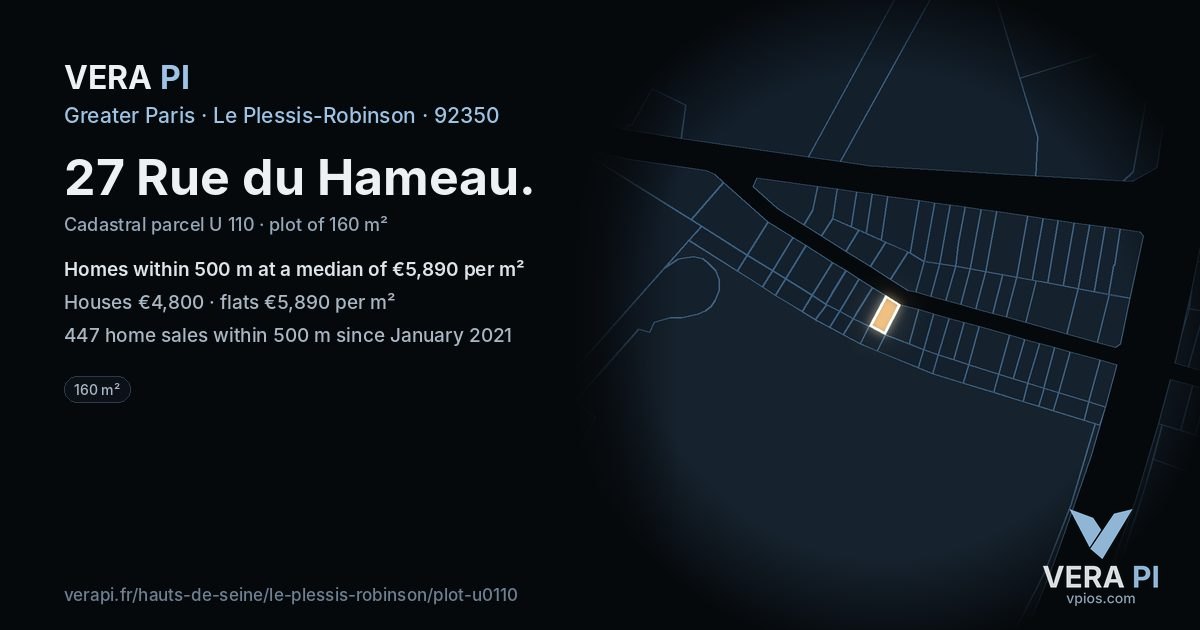 27 Rue du Hameau, Le Plessis-Robinson at night – the plot lit, the parcels around coloured by the prices near them