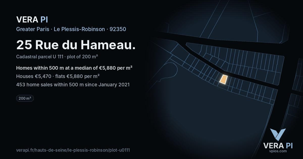 25 Rue du Hameau, Le Plessis-Robinson at night – the plot lit, the parcels around coloured by the prices near them