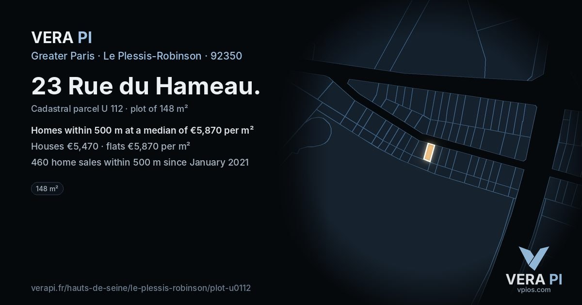 23 Rue du Hameau, Le Plessis-Robinson at night – the plot lit, the parcels around coloured by the prices near them
