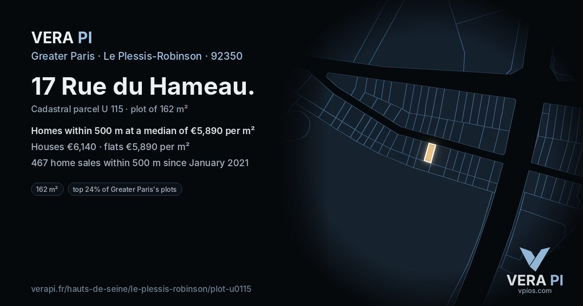17 Rue du Hameau, Le Plessis-Robinson at night – the plot lit, the parcels around coloured by the prices near them