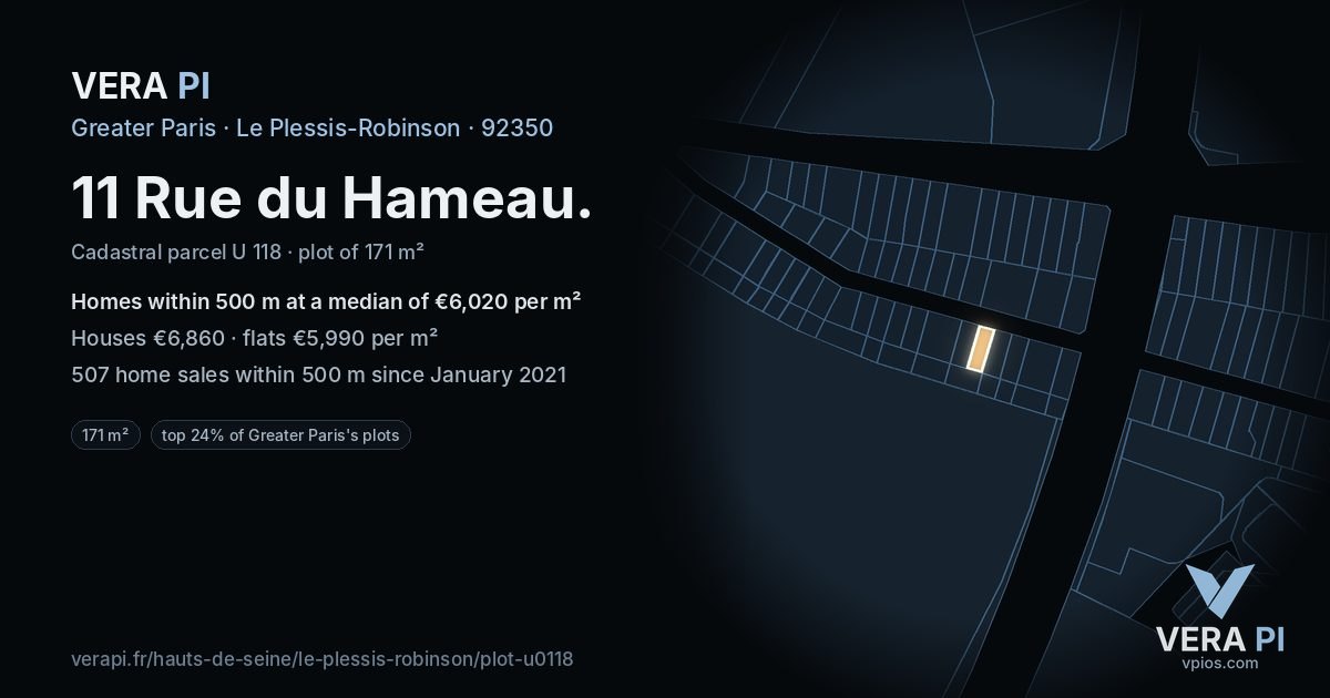 11 Rue du Hameau, Le Plessis-Robinson at night – the plot lit, the parcels around coloured by the prices near them