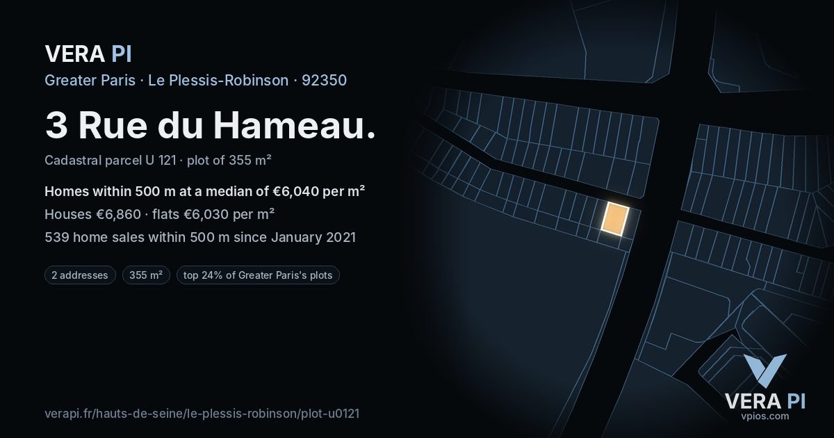 3 Rue du Hameau, Le Plessis-Robinson at night – the plot lit, the parcels around coloured by the prices near them