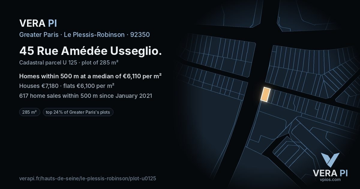 45 Rue Amédée Usseglio, Le Plessis-Robinson at night – the plot lit, the parcels around coloured by the prices near them