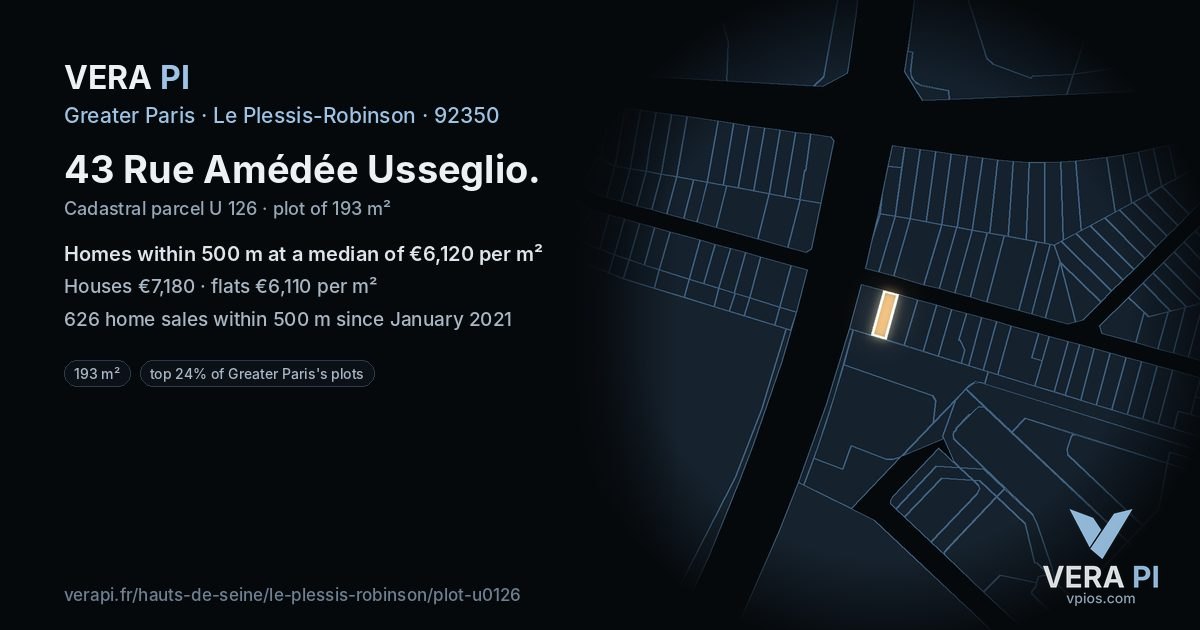 43 Rue Amédée Usseglio, Le Plessis-Robinson at night – the plot lit, the parcels around coloured by the prices near them