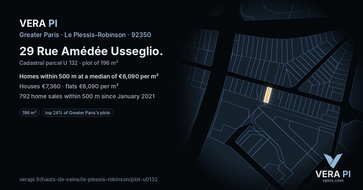 29 Rue Amédée Usseglio, Le Plessis-Robinson at night – the plot lit, the parcels around coloured by the prices near them