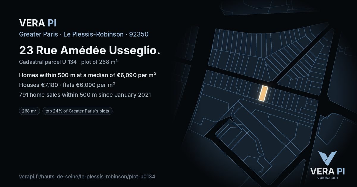 23 Rue Amédée Usseglio, Le Plessis-Robinson at night – the plot lit, the parcels around coloured by the prices near them
