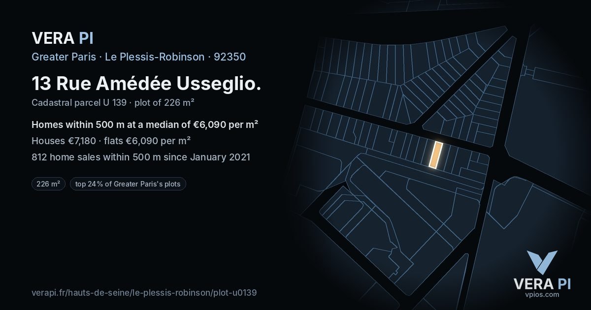 13 Rue Amédée Usseglio, Le Plessis-Robinson at night – the plot lit, the parcels around coloured by the prices near them