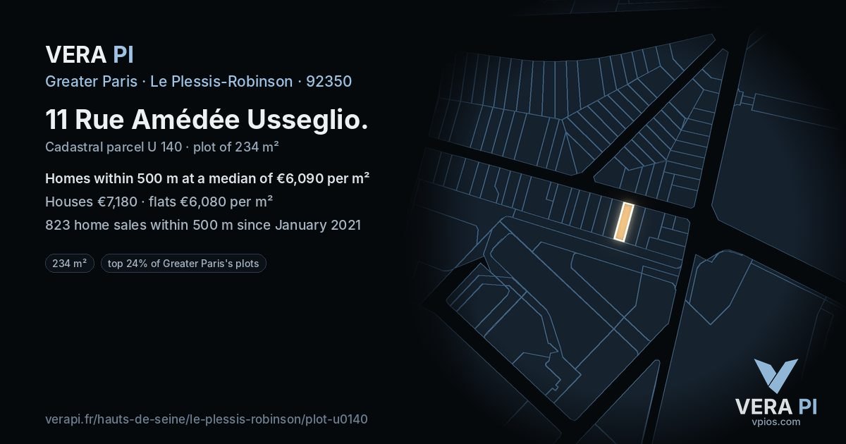 11 Rue Amédée Usseglio, Le Plessis-Robinson at night – the plot lit, the parcels around coloured by the prices near them