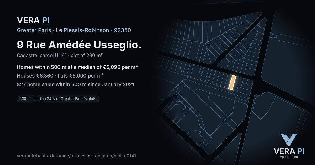 9 Rue Amédée Usseglio, Le Plessis-Robinson at night – the plot lit, the parcels around coloured by the prices near them