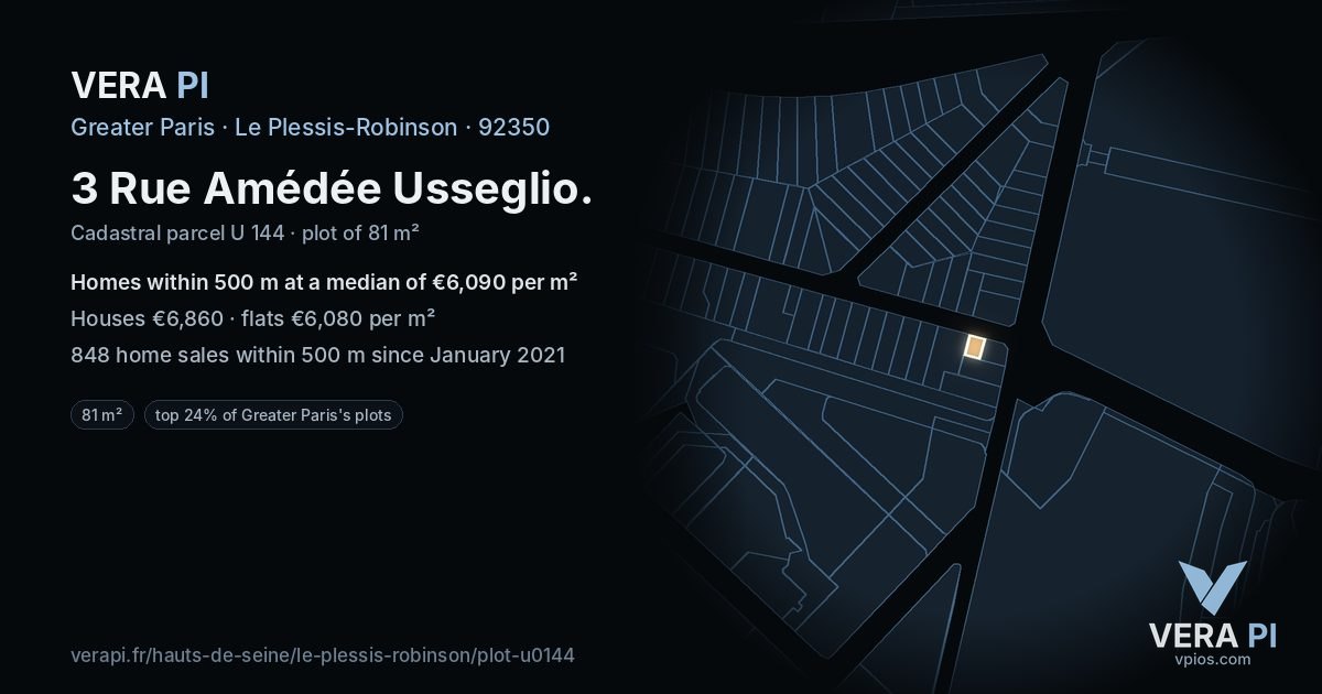 3 Rue Amédée Usseglio, Le Plessis-Robinson at night – the plot lit, the parcels around coloured by the prices near them