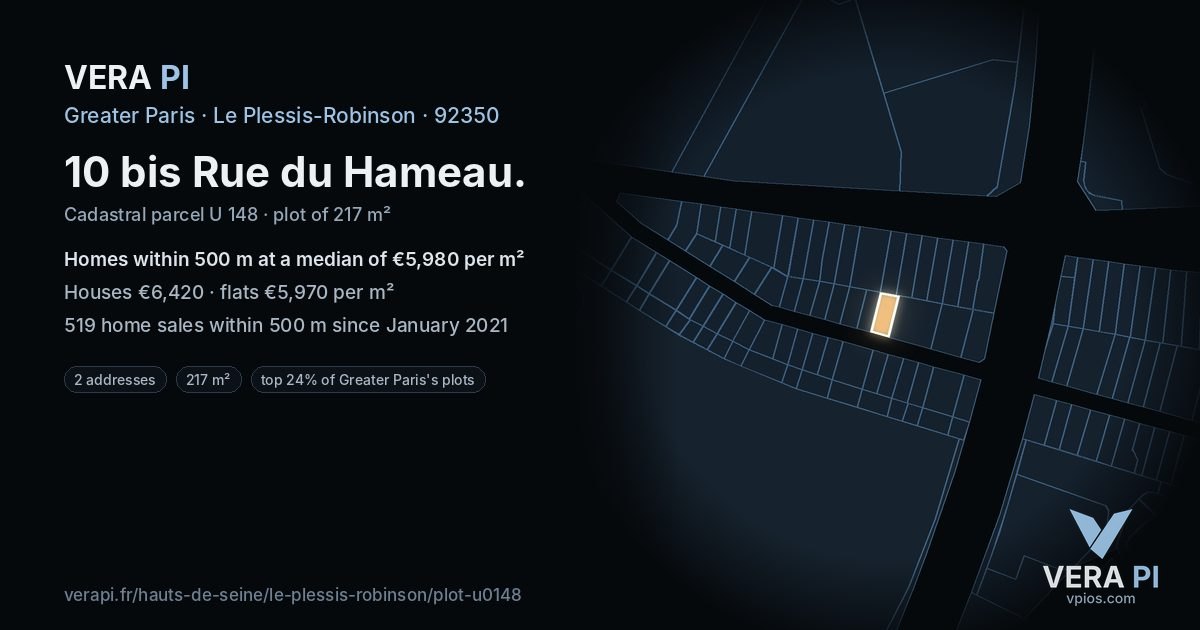 10 bis Rue du Hameau, Le Plessis-Robinson at night – the plot lit, the parcels around coloured by the prices near them