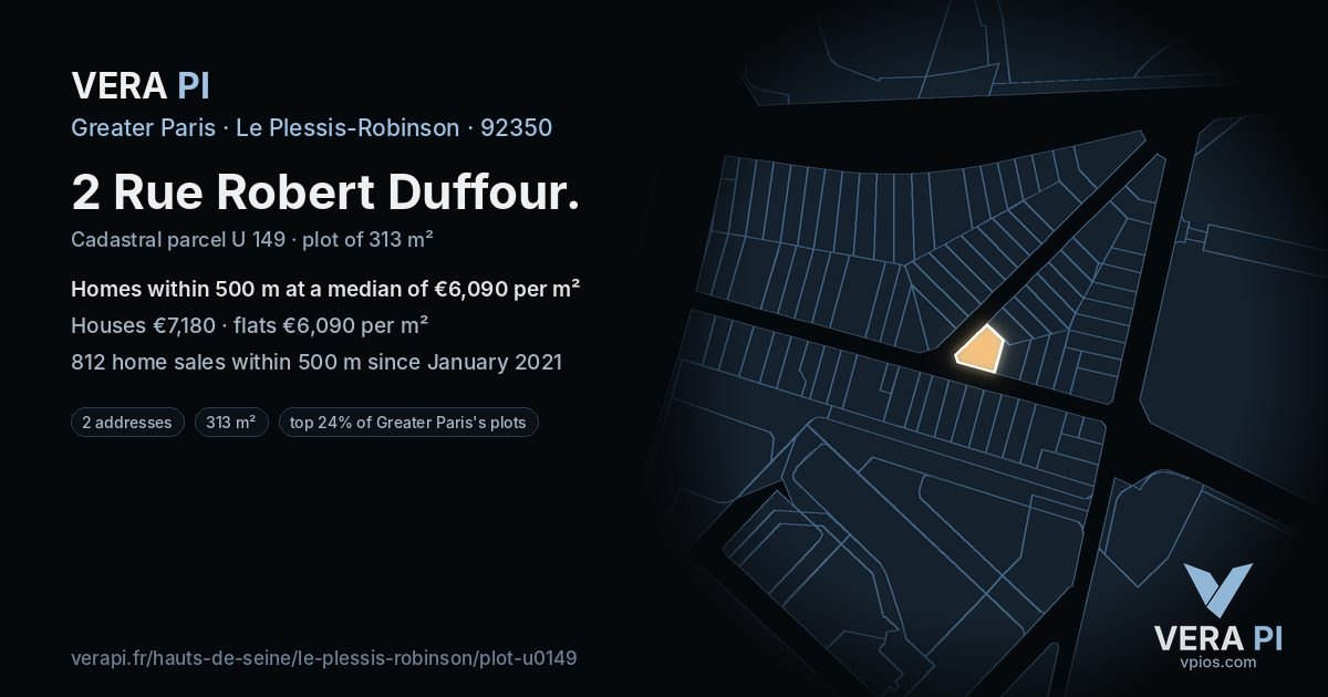 2 Rue Robert Duffour, Le Plessis-Robinson at night – the plot lit, the parcels around coloured by the prices near them