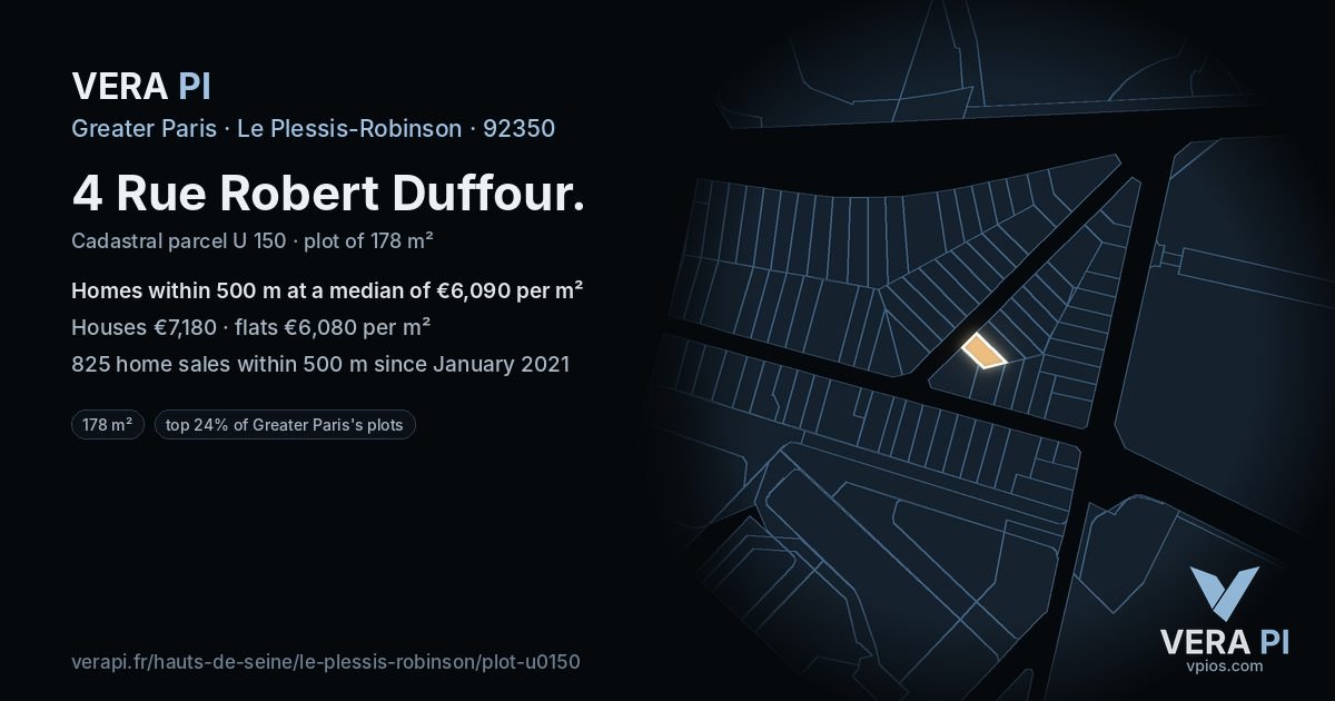 4 Rue Robert Duffour, Le Plessis-Robinson at night – the plot lit, the parcels around coloured by the prices near them
