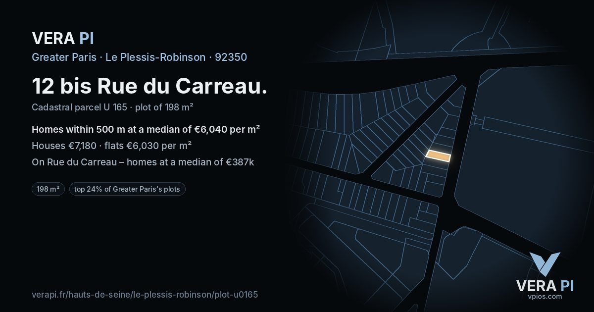 12 bis Rue du Carreau, Le Plessis-Robinson at night – the plot lit, the parcels around coloured by the prices near them