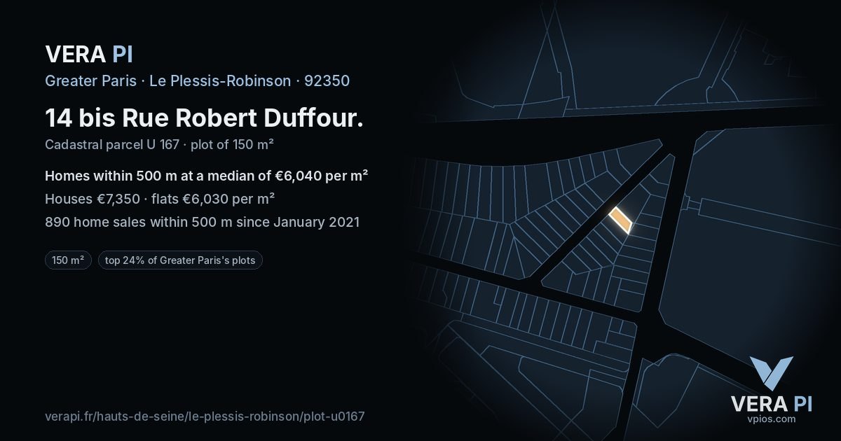14 bis Rue Robert Duffour, Le Plessis-Robinson at night – the plot lit, the parcels around coloured by the prices near them