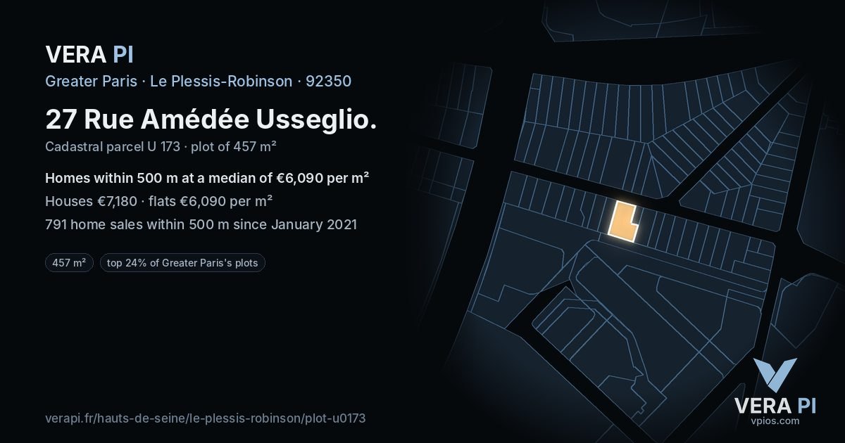 27 Rue Amédée Usseglio, Le Plessis-Robinson at night – the plot lit, the parcels around coloured by the prices near them