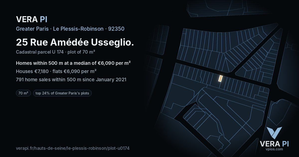 25 Rue Amédée Usseglio, Le Plessis-Robinson at night – the plot lit, the parcels around coloured by the prices near them