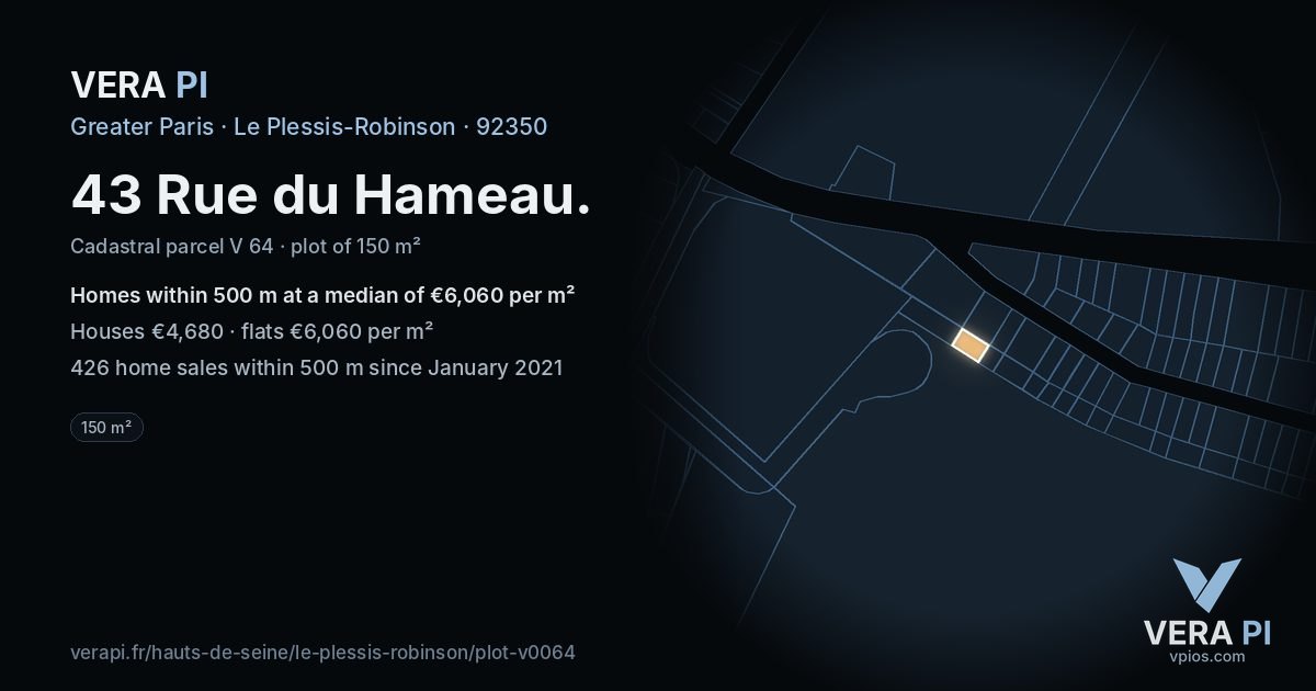 43 Rue du Hameau, Le Plessis-Robinson at night – the plot lit, the parcels around coloured by the prices near them