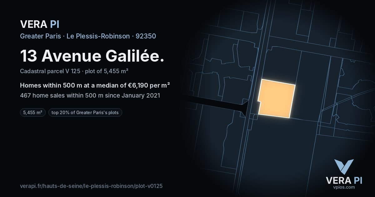 13 Avenue Galilée, Le Plessis-Robinson at night – the plot lit, the parcels around coloured by the prices near them