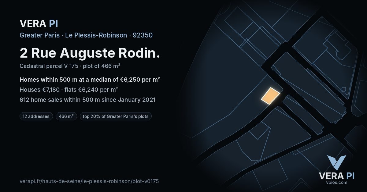 2 Rue Auguste Rodin, Le Plessis-Robinson at night – the plot lit, the parcels around coloured by the prices near them