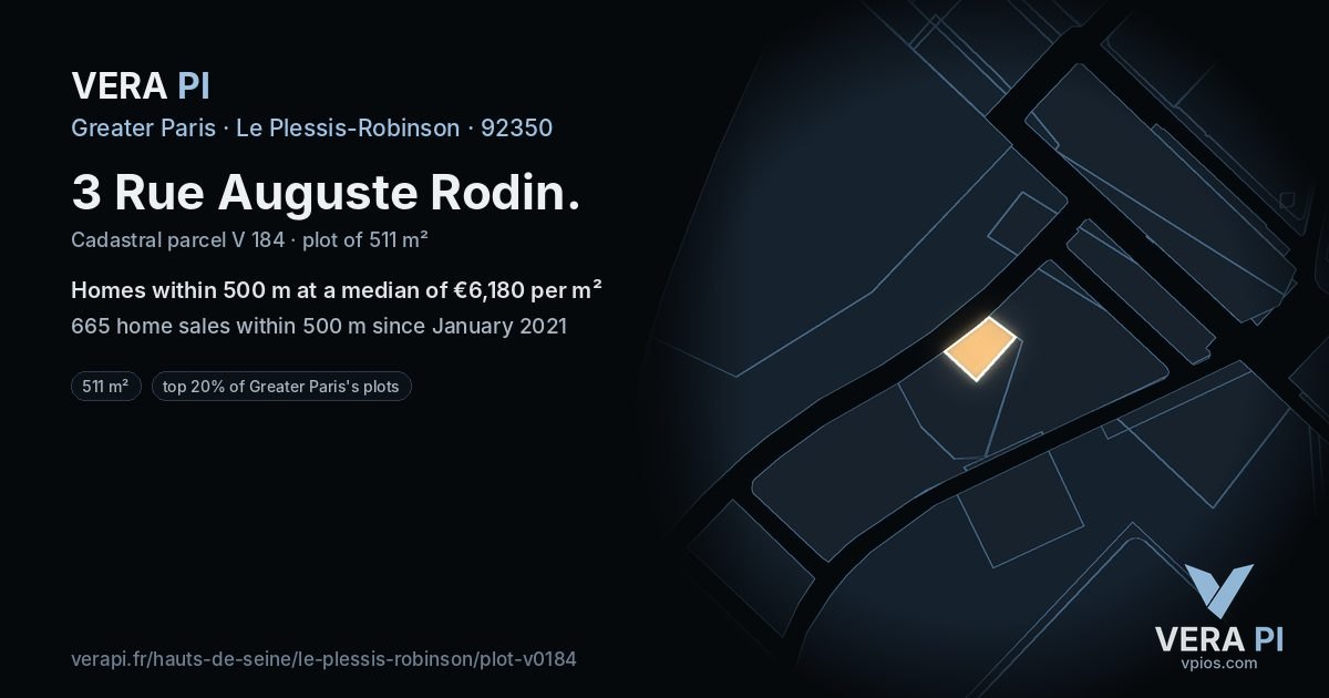 3 Rue Auguste Rodin, Le Plessis-Robinson at night – the plot lit, the parcels around coloured by the prices near them